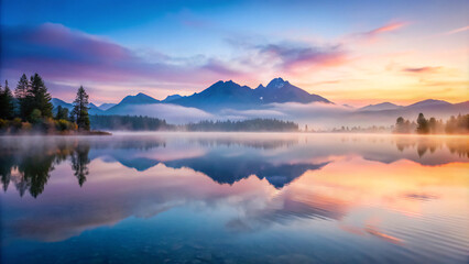 Fototapeta premium lake, water, landscape, sky, mountain, nature, clouds, sunset, reflection, sunrise, mountains, forest, cloud, morning, sun, sea, fog, dawn, travel, view, calm, blue, light, beautiful, dusk