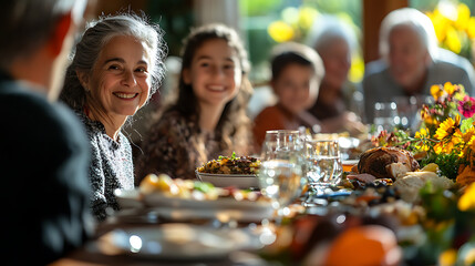 A family is gathered around a table with a large meal in front of them