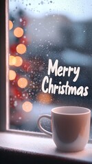 Warm cup by the window, Christmas spirit, blurred lights outside.