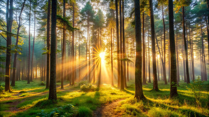 Naklejka premium morning in the forest. forest, autumn, trees, nature, landscape, fall, tree, sun, woods, park, path, light, misty, foliage, leaves, fog, mist, wood, green, leaf, season, yellow, sunlight, woodland, fo