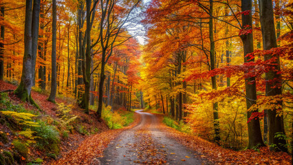 Obraz premium autumn in the forest. road, autumn, forest, fall, nature, tree, trees, landscape, leaves, season, yellow, leaf, park, foliage, woods, travel, colorful, outdoors, orange, countryside, rural, red, sky, 