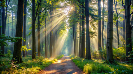 Obraz premium morning in the forest. forest, trees, tree, sun, autumn, nature, fog, light, mist, landscape, misty, woods, sunlight, morning, path, green, sunrise, foggy, woodland, park, wood, fall, pine, summer, fo