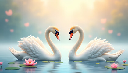 Graceful Swans in Love Forming Heart on Tranquil Lake with Lotus Blossoms 