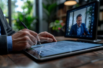 Fototapeta premium Engaging in a virtual meeting while reviewing documents on a tablet