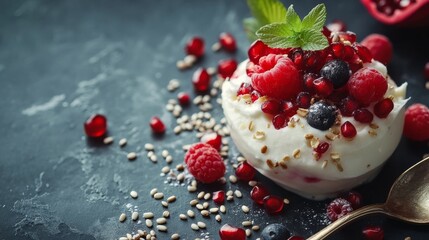 Spoon dessert of raspberries, linseed, pomegranate, berries