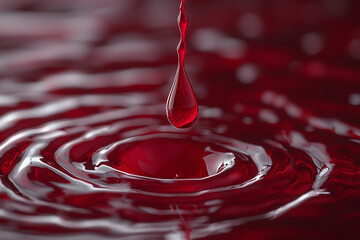 A close-up of a single red drop falling into a pool of liquid