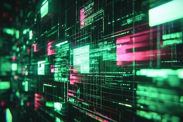 Obraz premium Abstract Digital Network with Green and Pink Lines and Shapes