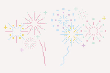 Pixel 8 bit pastel simple flat line fireworks collection. Minimal cute illustration isolated background. Design concept for holiday banner, celebration, poster, greeting card, decorative elements