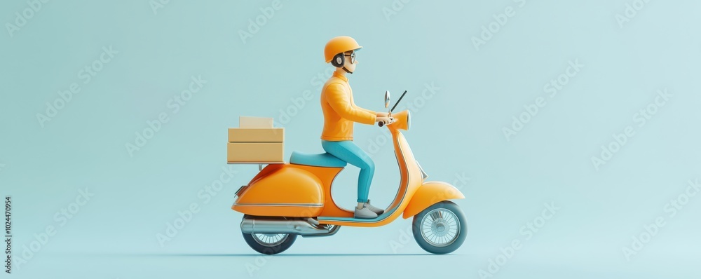 Wall mural 3d illustration of a delivery person riding an orange scooter with packages on a teal background, re