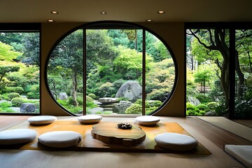 Fototapeta premium Japanese Zen Garden View Through a Circular Window in a Modern Home.