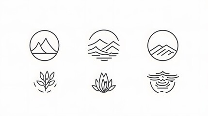 Minimalist Line Art Design of Mountains, Water, and Plants