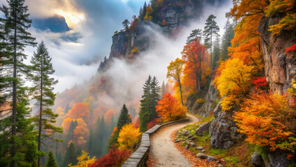 Obraz premium autumn in the mountains. autumn, landscape, nature, forest, sky, tree, fall, trees, clouds, mountain, fog, grass, cloud, yellow, wood, morning, red, color, colorful, mountains, view, foliage, green, o