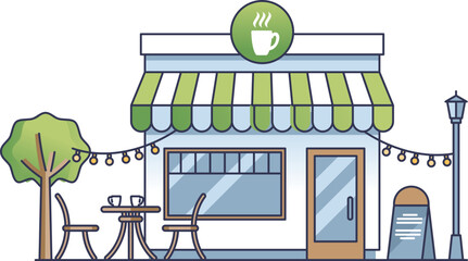 Illustration of a cozy cafe with outdoor seating, string lights, and a welcoming atmosphere.