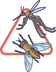 Mosquito and fly on a triangular warning sign symbolize pest alert.