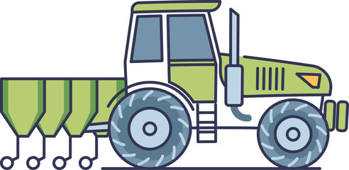 Illustration of a tractor with a sowing machine attachment, symbolizing modern agriculture.