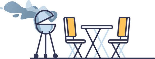 Illustration of a BBQ grill with smoke and foldable furniture, symbolizing outdoor dining.