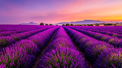 Fototapeta premium Lavender fields at sunset under colorful sky