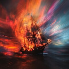 Obraz premium Sailing Through a Burning Sky - Abstract Artwork of a Ship on the Ocean.