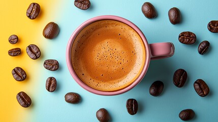 A vibrant coffee cup surrounded by coffee beans on a colorful background, perfect for coffee lovers and beverage enthusiasts.