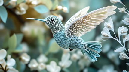 Fototapeta premium Paper cut hummingbird with symmetrical wings and delicate feather details, hovering in a balanced composition, paper cut hummingbird, symmetrical wildlife art