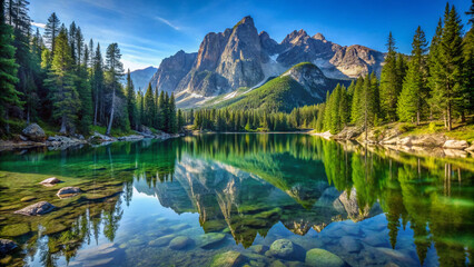 Fototapeta premium lake reflection. lake, landscape, water, mountains, mountain, nature, sky, reflection, forest, snow, scenic, tree, river, trees, clouds, park, glacier, travel, canada, outdoors, alps, green, view, wil