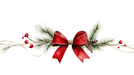 festive red bow adorned with pine branches and berries creates charming rustic Christmas decoration. This design evokes warmth and holiday spirit, perfect for seasonal celebrations