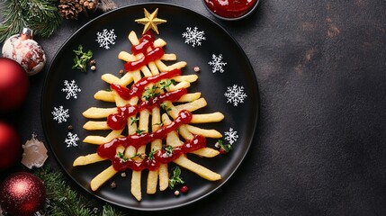 Fototapeta premium A creative holiday-themed plate featuring fries arranged like a Christmas tree, garnished with ketchup and decorative elements.