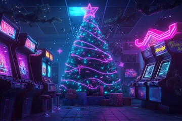 A vibrant scene featuring a Christmas tree adorned with neon lights, surrounded by arcade machines in a festive arcade setting.