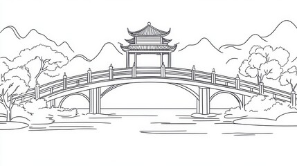 Obraz premium Serene Asian Landscape with Pagoda and Arched Bridge