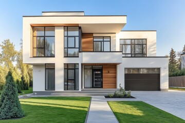 A modern two-story house with a minimalist design, featuring large windows and a sleek