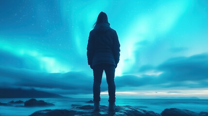 person stands on rocky shore, gazing at mesmerizing northern lights illuminating night sky with vibrant colors. serene atmosphere evokes sense of wonder and tranquility