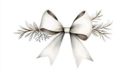 Naklejka premium beautiful white bow adorned with delicate greenery and snowflake, perfect for festive decorations. This elegant design captures spirit of holiday season
