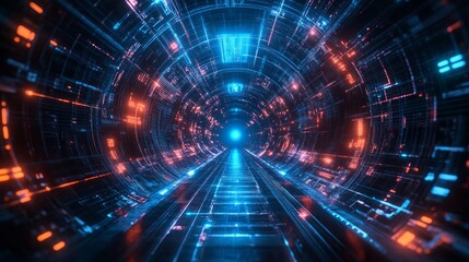 Obraz premium Futuristic neon tunnel with blue and orange glowing lines.