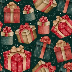 Seamless pattern with Christmas gift boxes. Hand drawn watercolor. Perfect for wrappping paper, fabrics, Christmas decor