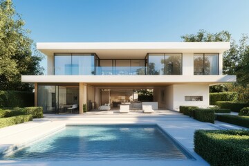 Fototapeta premium A modern, two-story house with a spacious outdoor pool and clean, white exterior