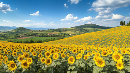 Obraz premium Vibrant sunflower field under blue sky