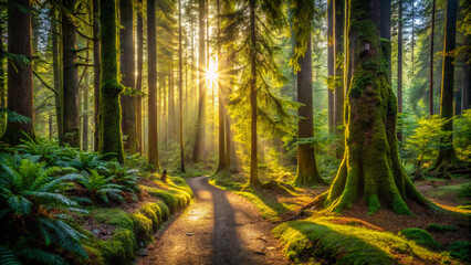 Obraz premium sunlight in the forestforest, nature, tree, path, trees, road, landscape, green, woods, wood, autumn, park, pine, spring, foliage, summer, trail, hiking, fall, sunlight, footpath, grass, plant, light,