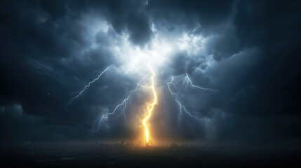 dramatic lightning storm illuminates city skyline, with dark clouds swirling ominously overhead. powerful bolts of lightning create striking contrast against stormy backdrop, evoking sense of awe and