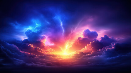 Fototapeta premium stunning display of vibrant colors fills sky as sun sets behind dramatic clouds, creating breathtaking scene of natures beauty and power