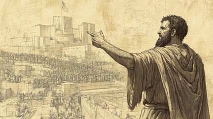 Fototapeta premium Jeremiah standing on a city wall with a face filled with alarm