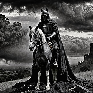 El caballero oscuro cabalga hacia el castillo en ruinas
