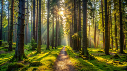 Obraz premium sun rays in the forest. forest, autumn, nature, trees, tree, landscape, fall, park, sun, path, woods, wood, leaf, light, season, green, foliage, leaves, pine, yellow, sunlight, fog, beautiful, environ