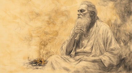 Fototapeta premium Jeremiah s Contemplative Gaze at the Dying Embers A Minimalist Wall Art Sketch Depicting a Pensive Moment from Biblical Times