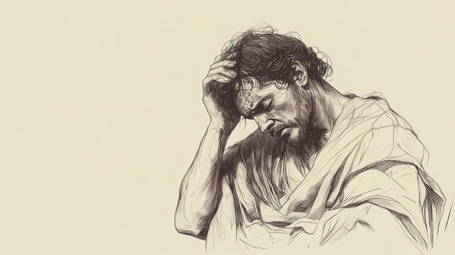 Minimalist of the prophet Jeremiah mourning in a solemn act of lamentation with sackcloth over his shoulders and ashes in his hair against a plain beige background with pencil lines