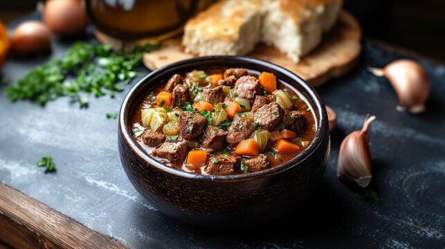 Plato de carne guisada con papas, zanahorias y hierbas frescas, servido en una olla de barro junto a pan r&uacute;stico.

