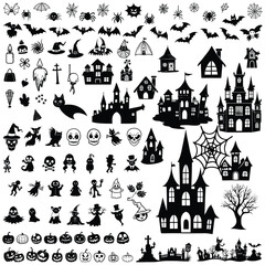 Halloween elements svg Bundle, set of halloween party ornaments, scary, Celebration, pumpkin, spooky season, horror art, ghost,  witches, halloween decor, illustration, trick or treat, hat, house