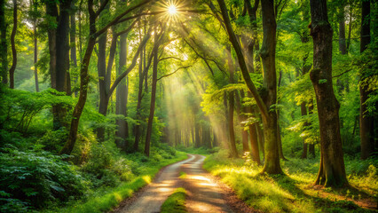 Obraz premium path in the forest. forest, trees, path, nature, tree, landscape, autumn, road, woods, sun, green, light, wood, park, mist, misty, fog, sunlight, spring, woodland, summer, fall, leaves, foliage, foggy