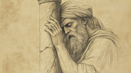 Fototapeta premium An image depicting Jeremiah a biblical figure leaning against a cracked temple pillar with his eyes closed and a hand on his forehead as if burdened by the weight of his complaints
