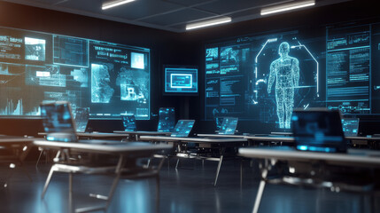 Naklejka premium Futuristic classroom featuring holographic displays and advanced technology, showcasing modern learning environment with digital interfaces and interactive elements