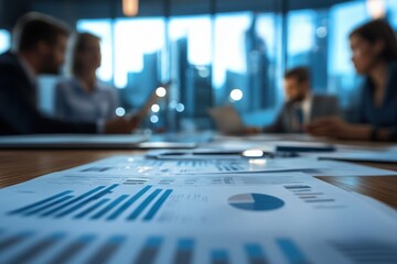 Business professionals reviewing financial reports in a modern office